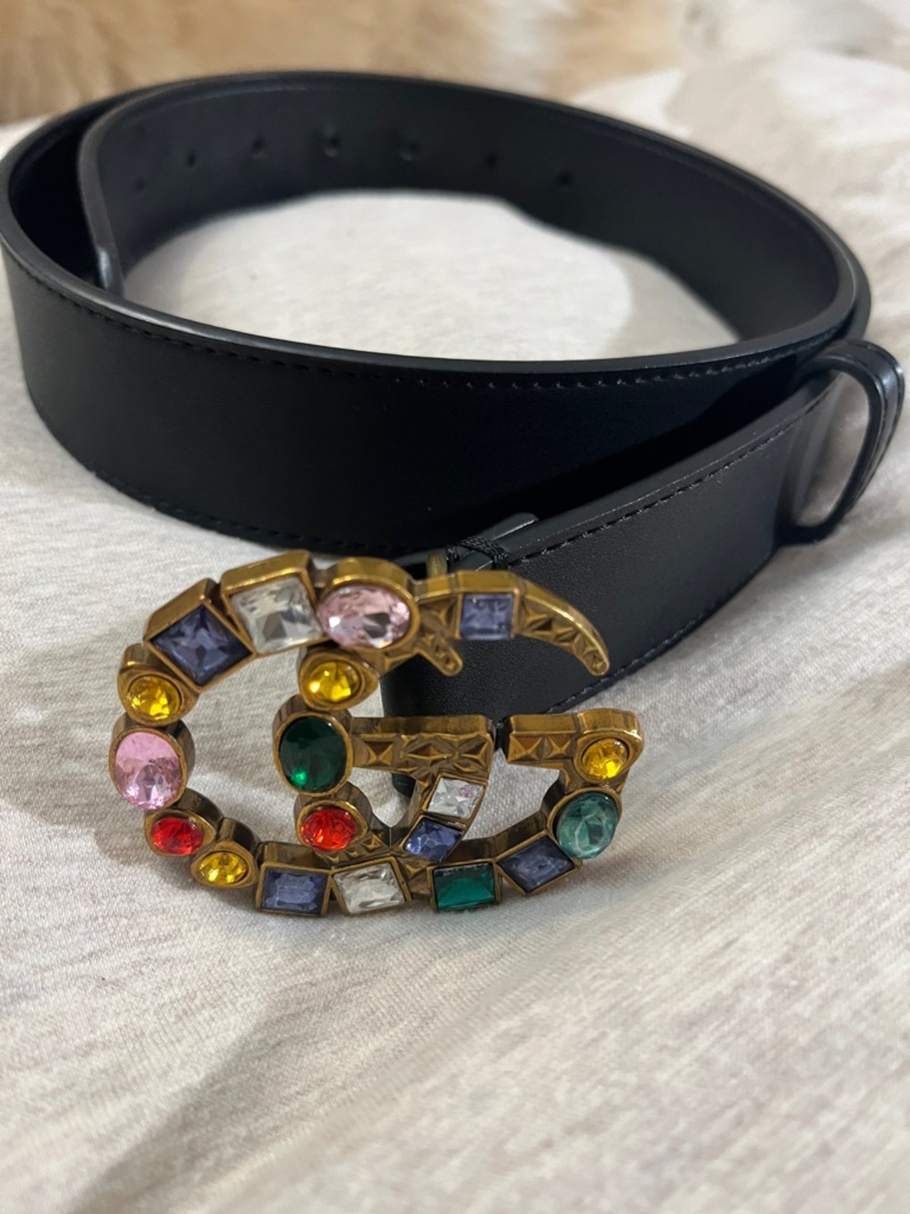Gucci Black Leather Belt with Multicolor Jeweled Double-G Buckle